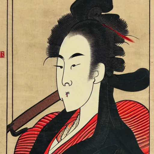 Prompt: a lady with sinister eyes holding a knife with blood on it, ukio-e style,