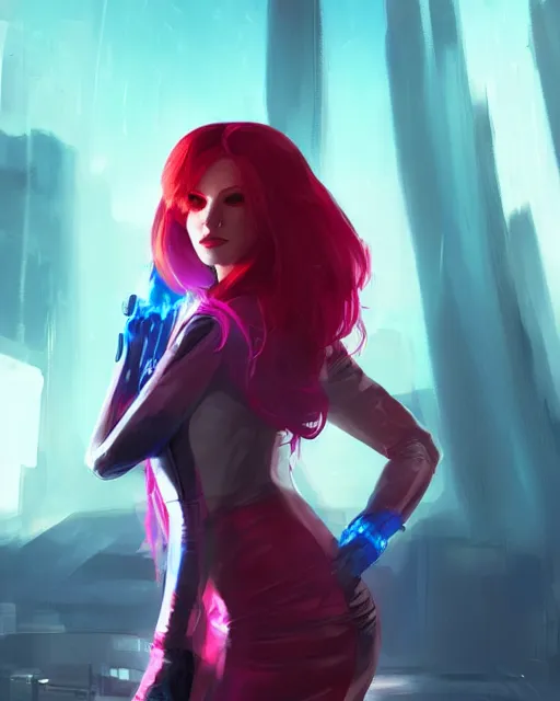 Image similar to Portrait of a futuristic rogue by Charlie Bowater, latex dress, gothic, short red hair, blue and pink rim lights, backlit, action pose, volumetric lighting, 8K, cyberpunk city backdrop, Artstation