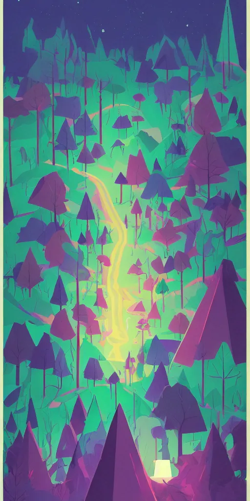 Prompt: cursed multicolored forest at night. one tent at the bottom, blues and purples. tom whalen, james gilleard, liam brazier, tristan eaton