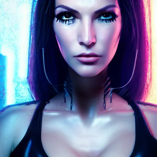 Image similar to realistic detailed portrait of Cyberpunk woman, portrait, long dark hair, cyber implants, Cyberpunk, Sci-Fi, science fantasy, Kelly Brook, glowing skin, full body, beautiful girl, extremely detailed, sharp focus, model