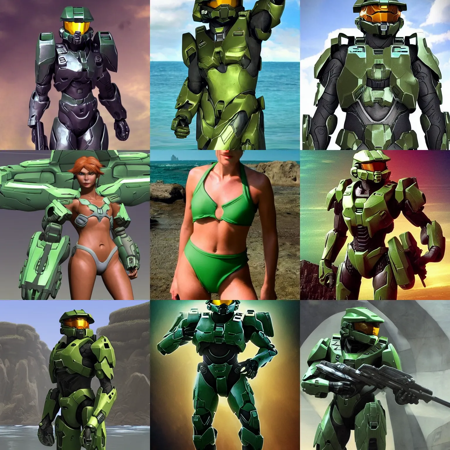 Prompt: master chief halo wearing a bikini swimsuit, master chief, male masculine, male breast, man master chief!!!! halo!!!