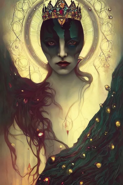 Image similar to jeweled Crown, other worldly, cruel and dark, art nouveau, by Anato Finnstark, Tom Bagshaw, Brom