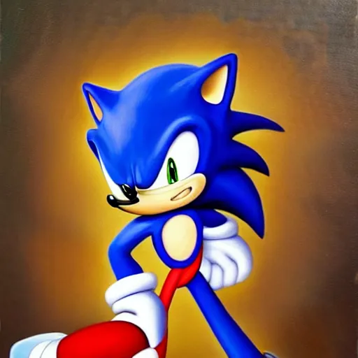 Prompt: Beautiful breathtaking painting of Sonic with a chilidog.