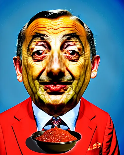 Prompt: portrait of mr bean's face in a bowl full of baked beans, face covered in beans and tomato sauce, beans in his eyes sockets, pile of beans on his head, tomato sauce in his eyes, open mouth full of with baked beans, overflowing with baked beans, rowan atkinson, muted colors, surrealist oil painting, highly detailed