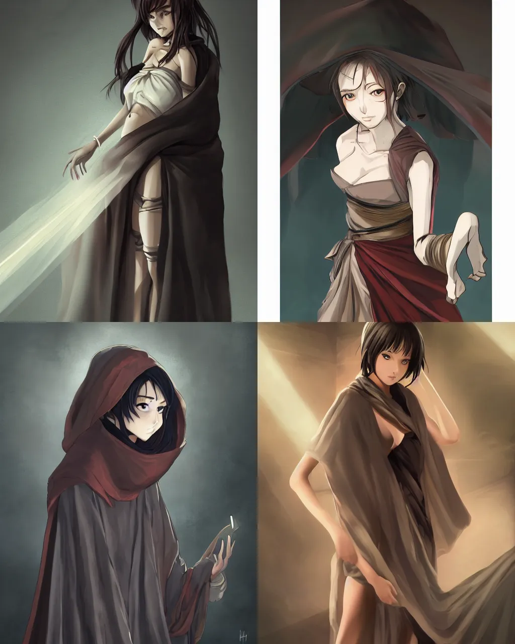 Prompt: Dark warehouse, a young woman with short dark hair, full body modelling in gauze bandages, cloth wraps, sarong, heavy cloak, serious expression, spotlight on subject, detailed face, digital anime art, by Hayao Miyazaki