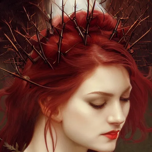 Prompt: portrait of beautiful vampire, rose thorn crown, thorns everywhere, headshot, pale skin, 4k, rule of thirds, extreme detail, detailed drawing, trending artstation, hd, fantasy, D&D, realistic lighting, by Alphonse Mucha, Greg Rutkowski, sharp focus, backlit, bright red hair, closed eyes, realistic, head looking up