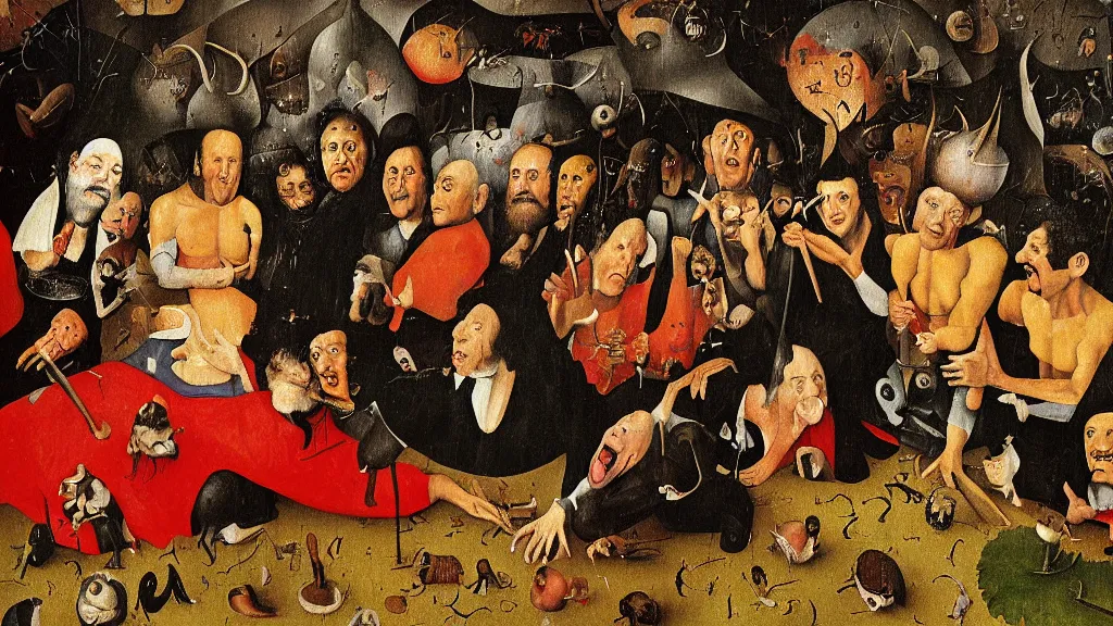 Image similar to a painting by “ hieronymus bosch ” of a closeup view of the cast of “ seinfeld ” being tormented and teased in “ the garden of earthly delights ” featuring kramer and george and newman and elaine and jerry. highly - detailed artwork.