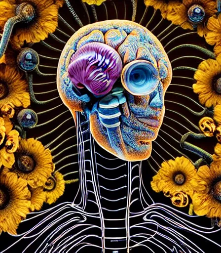 Prompt: x - ray of human head, brain, spine, nervous system, circuitry, flowers, sculpture, physical based render, hyper - maximal, surrealism, glitchcore, nychos, android jones, ljubomir popovic, guiseppe acrimboldo, adrian ghenie