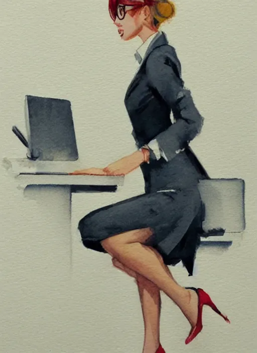 Image similar to concept art of a modern office life, young attractive business woman, pencil miniskirt, pinterest, artstation trending, behance, watercolor, by coby whitmore, silver, laser light,