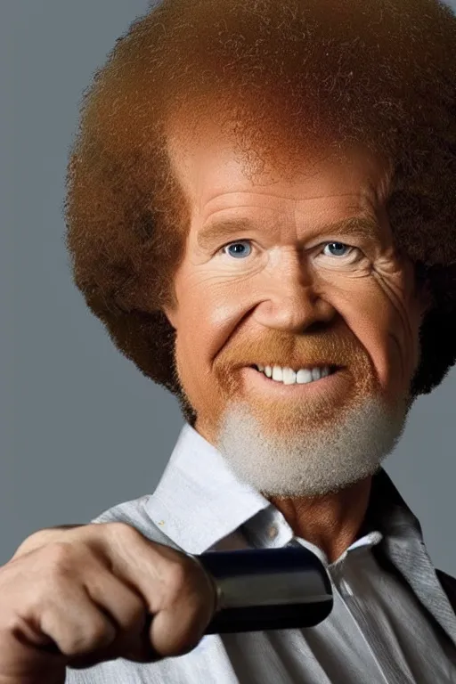 Prompt: Bob Ross ready to fight against the Artificial Intelligence