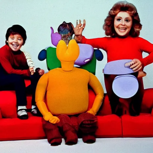 Prompt: still from1983 children's tv show about humans wearing digestive organs color