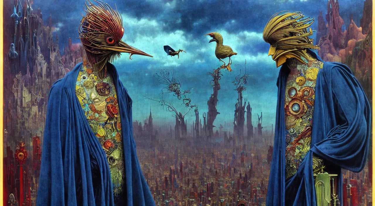 Image similar to realistic detailed portrait movie shot of a birdman wearing dark robes, sci fi city landscape background by denis villeneuve, amano, yves tanguy, alphonse mucha, ernst haeckel, max ernst, roger dean, masterpiece, rich moody colours, blue eyes, occult