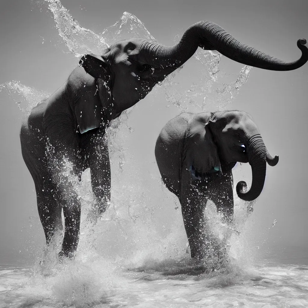 Image similar to “a black and white photo of a single elephant splashing water by Maties Palau Ferré, featured on flickr, arabesque, national geographic photo, ilford hp5, majestic”