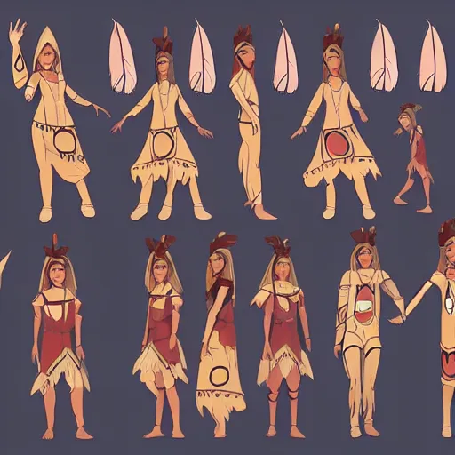 Image similar to native american girl, 2 d cartoon concept art model sheet