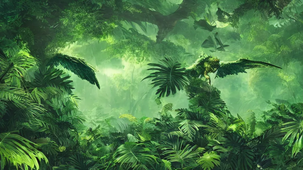 Image similar to giant green winged monster flying through a lush jungle, obscured by giant trees, by sylvain sarrailh, rossdraws, ambient light, ultra detailed, fantasy artwork, 8 k, volumetric lighting, trending on artstation, award winning, very beautiful.