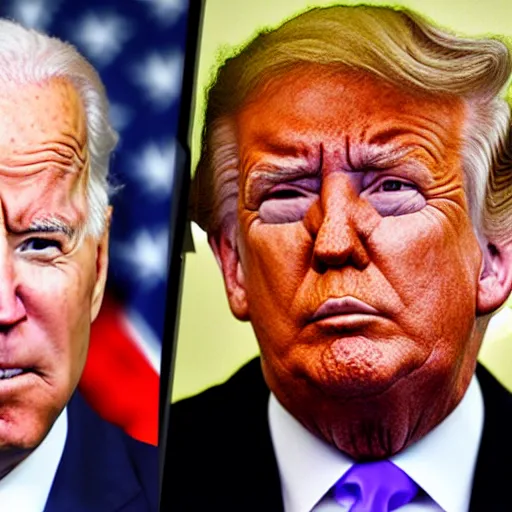 Image similar to Joe Biden with Trump’s orange makeup and bad hair on a windy day