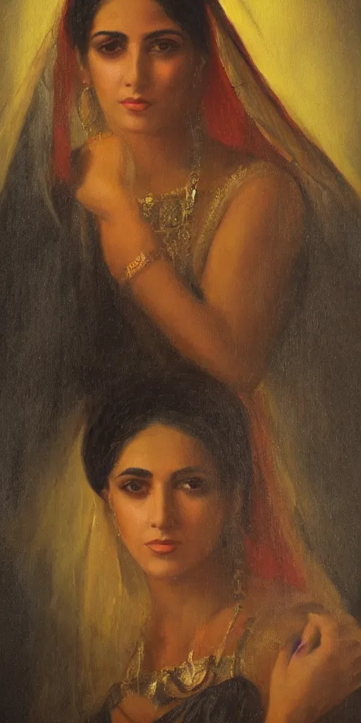 Image similar to romantic period style atmospheric oil painting of a middle eastern woman with intense eyes, wearing a golden veil