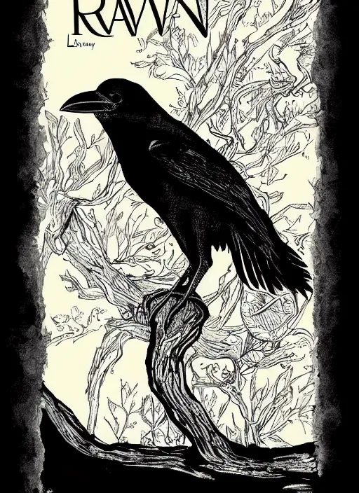 Image similar to raven bird cover art by joseph michael lisner, masterpiece ink illustration,