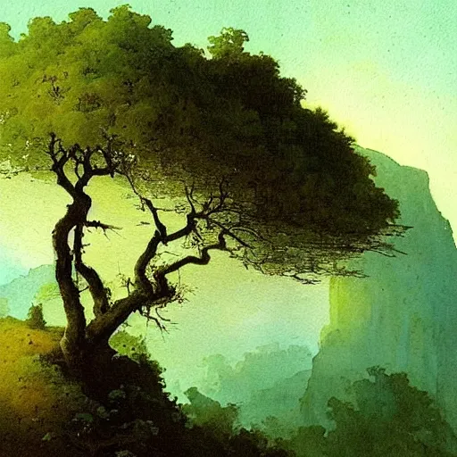 Prompt: beautiful watercolor painting of a tree growing on the edge of a cliff, carl spitzweg, ambient lighting