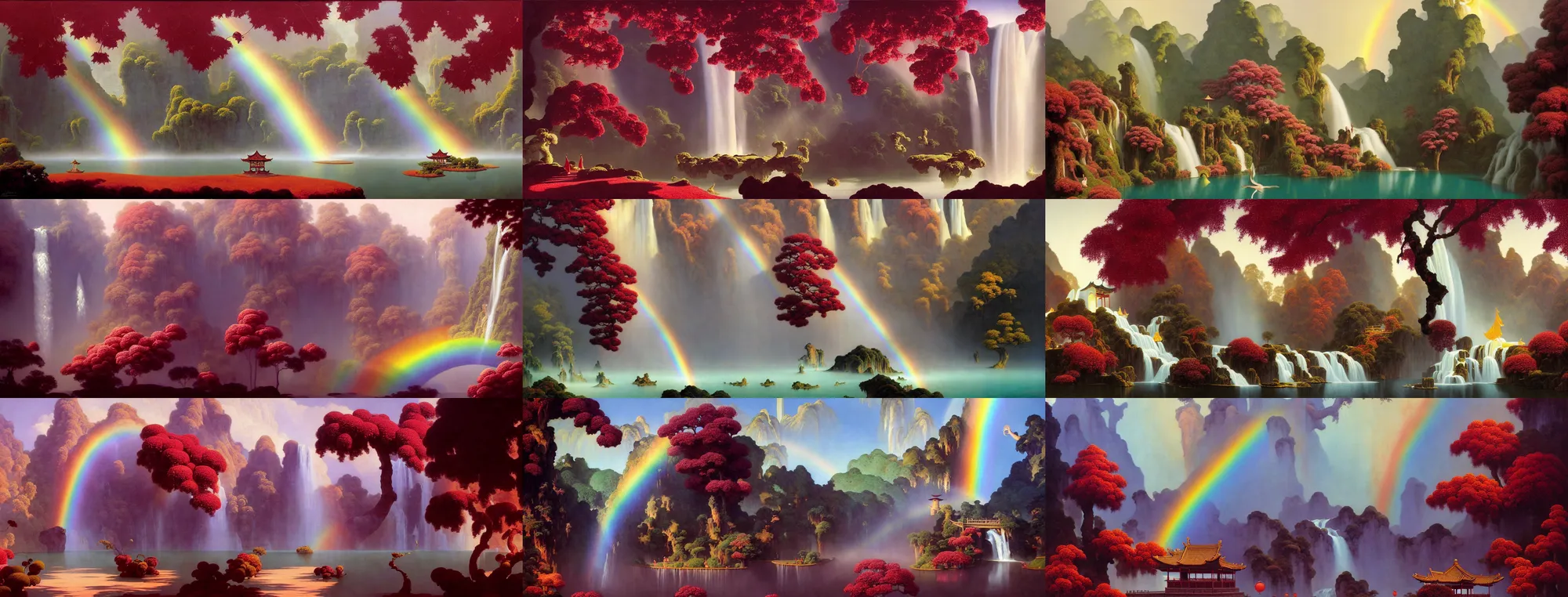 Image similar to a gorgeous painting by barlowe wayne, maxfield parrish and marco mazzoni. xanadu chinese temple on a platform that extends over a great waterfall, a huge tallest magnificent peach blossom tree glowing, maroon leaves, bridge, 3 d, octane render, lotus flower lake, waterfall. fog, just one rainbow. 8 k.