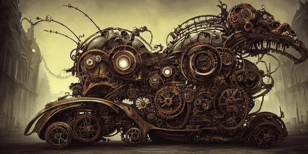 Image similar to biomechanical steampunk vehicle reminiscent of fast sportscar with robotic parts and (glowing) headlights parked in ancient lush palace, gothic and baroque, brutalist architecture, ultradetailed, creepy ambiance, fog, artgerm, giger, Intricate by Ellen Jewett and Josan Gonzalez and Giuseppe Arcimboldo