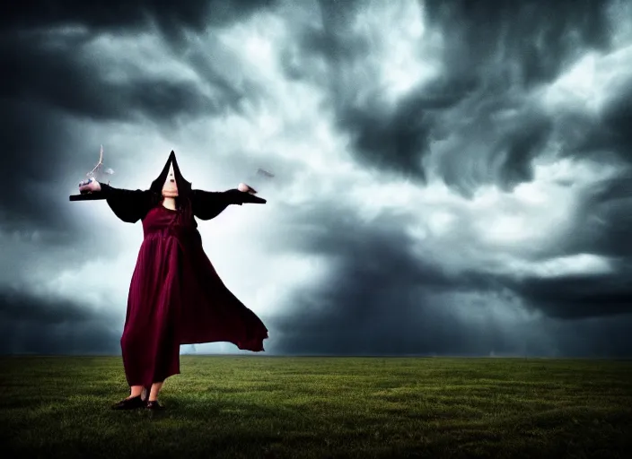 Image similar to stunning occult priestess casting spell, stormy sky