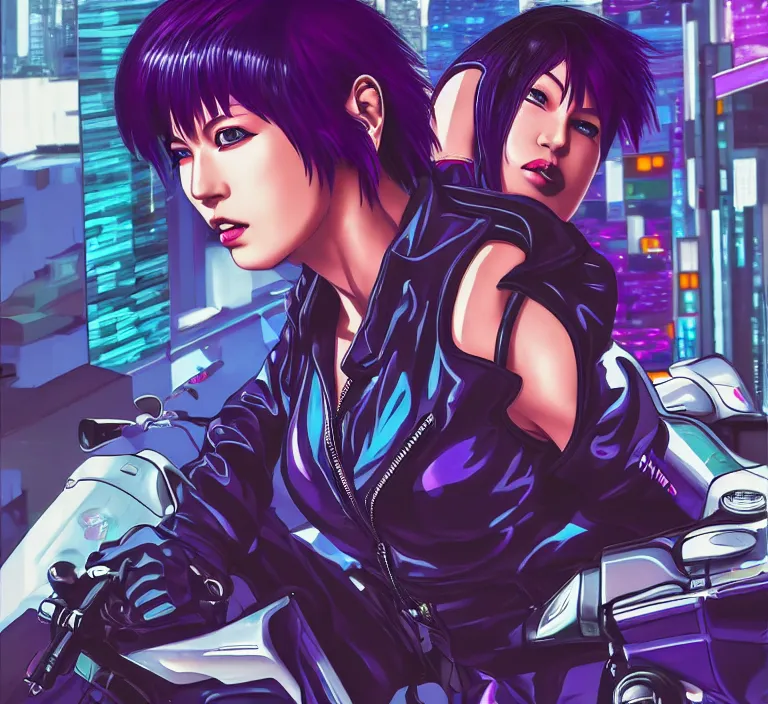 Image similar to motoko kusanagi riding a cyberpunk vehicle in a grungy cyberpunk megacity, bosozoku gang war, cyberpunk vaporwave, artgerm, sola digital arts, anti aliasing, raytracing