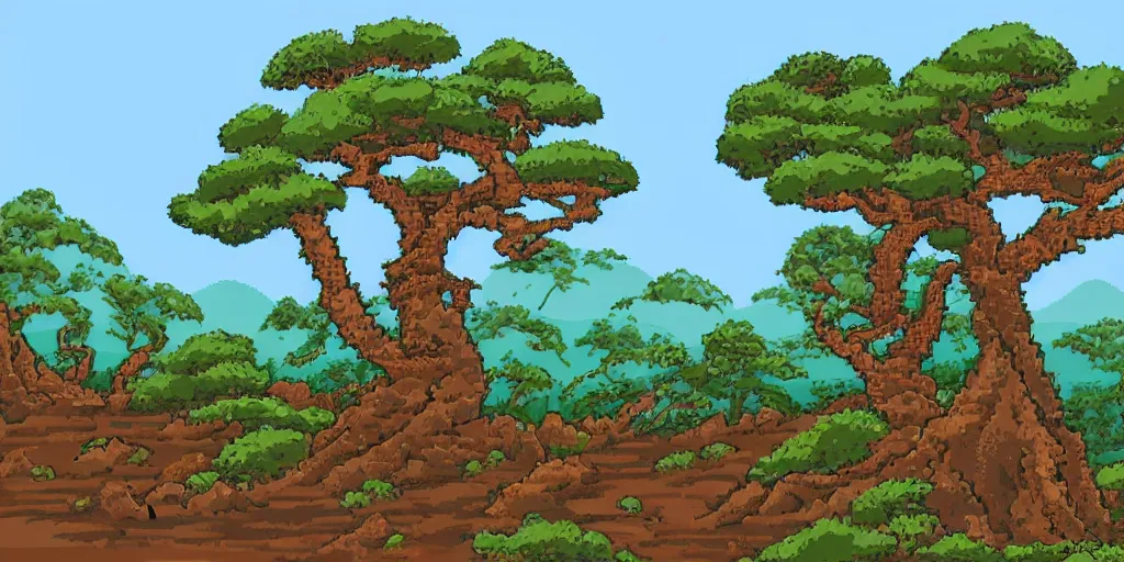 Image similar to old japanese landscape with pagoda, curved trees and rocks, detailed, pixel art