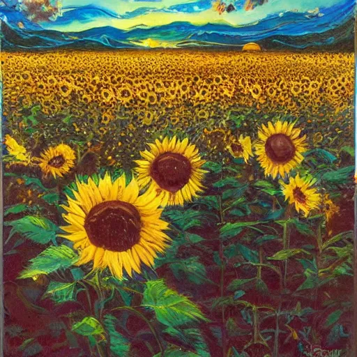 Prompt: A beautiful painting of A sea of sunflowers under the starry sky