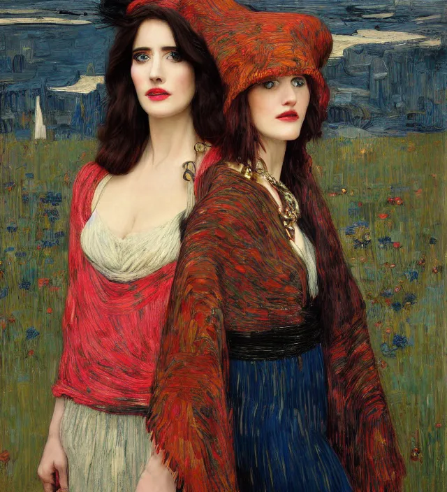 Prompt: portrait of fashionable young woman wearing rich jewerly hat and boho poncho into concrete hitech interior, eva green and Gemma Arterton, red light, dark make up on her face sitting dynamic pose, Low poly, thunder clouds in the sky, artwork by john william waterhouse and Denis Sarazhin and klimt and rhads and van gogh and Dean Ellis and Detmold Charles Maurice, levitation, industrial rusty pipes, simple form, brutal shapes