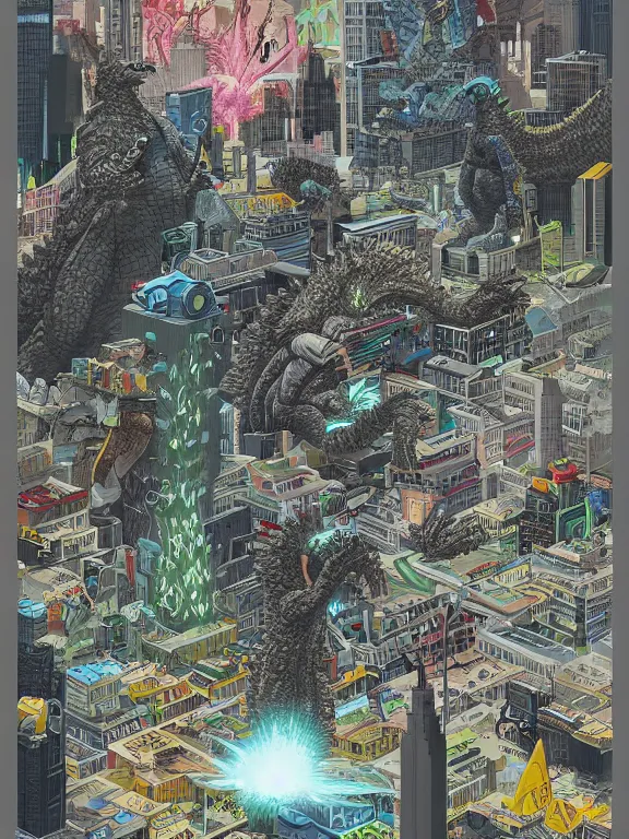 Image similar to a digital art of a Godzilla destroy the cyber city,by Chris Ware,Jane Newland,peter,gric,Peter Mohrbacher,aaron horkey trending on artstation,maximalist,full of color,glittering