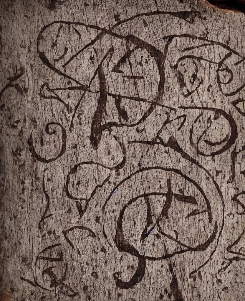 Prompt: a viking story written in runes on wood