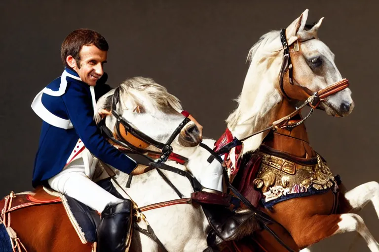 Image similar to closeup portrait of emmanuel macron dressed as napoleon riding a tiny miniature horse, natural light, sharp, detailed face, magazine, press, photo, steve mccurry, david lazar, canon, nikon, focus