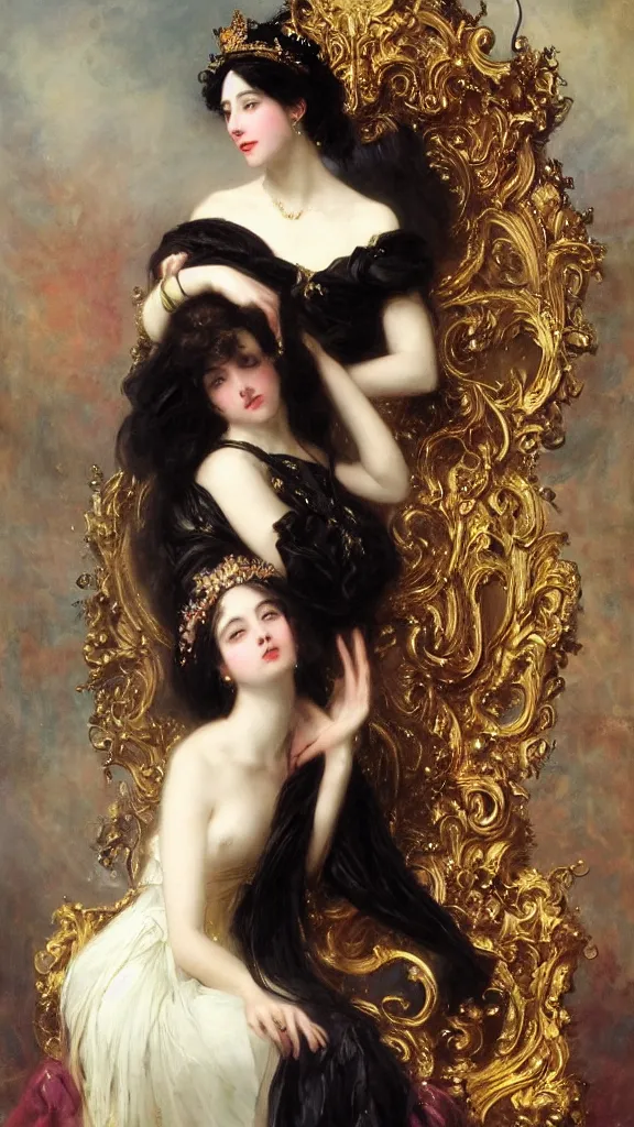 Image similar to a beautiful black haired woman with pale skin and a crown on her head sitted on an intricate metal throne by franz xaver winterhalter and delphin enjolras and rebecca guay