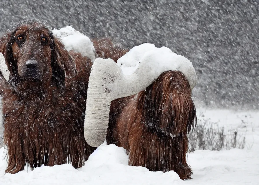 Image similar to Giant woolly dachshund with mammoth tusks, in the middle of a snow storm