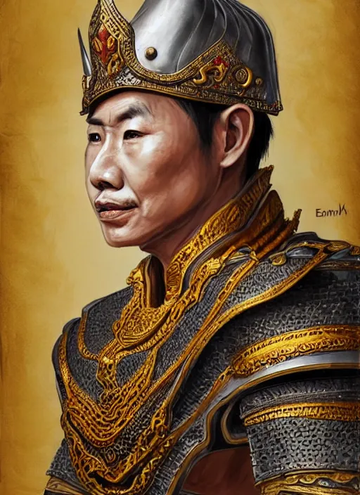 Image similar to king ramkhaheang of sukhothai, close portrait, historical, ethnic group, traditional tai costume, sukhothai headset, leather shoulder armor, fantasy, intricate, with leather armor cross onbare chest, elegant, loin cloth, highly detailed, oill painting, artstation, concept art, matte, sharp focus, illustration, hearthstone, art by earl norem