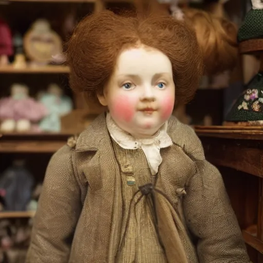 Image similar to close up portrait of a victorian child standing in a shop that sells dolls, 8 k, soft lighting, highly detailed realistic, face in focus 1 8 9 0's liminal
