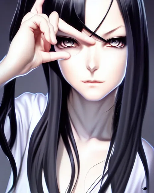 Image similar to a psychotic female student with silky long straight black hair. beautiful shadowing. art by Artgerm and Range Murata.