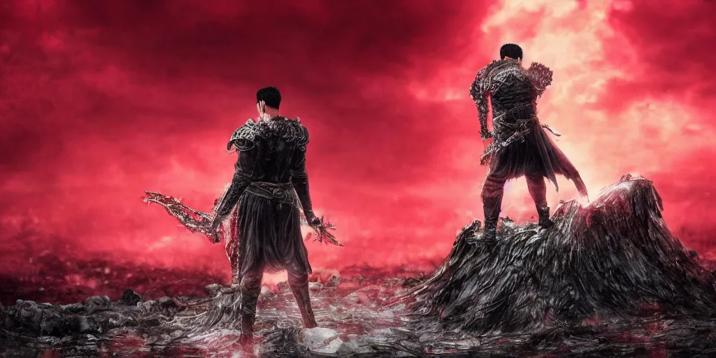 Image similar to guts from berserk standing in front of a grave during a crimson red rain, mourning the deaths of his comrades at dusk, 8k, devianart, depressive colors, cinematic