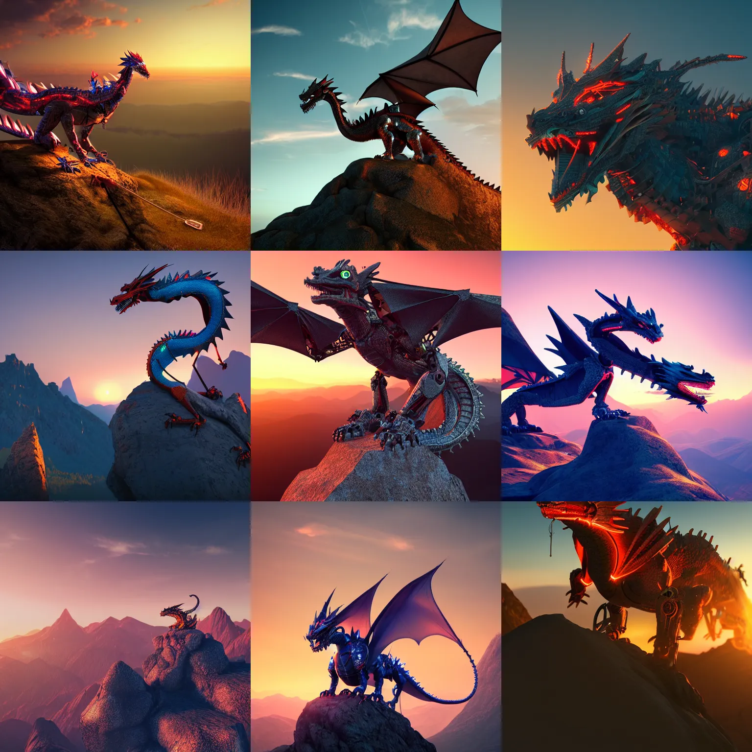 Prompt: robotic dragon perched on a mountain at sunset, lit from front, cgsociety, octane render, vibrant colors, hdr, 4 k, 8 k