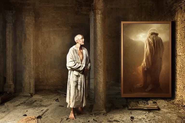 Prompt: ancient man wearing old crumpled robe in front of the framed painting by artificial intelligence in the abandoned overgrown art gallery, photorealistic, highly detailed, digital painting, dramatic lighting, cinematic composition, by simonetti and beksinski