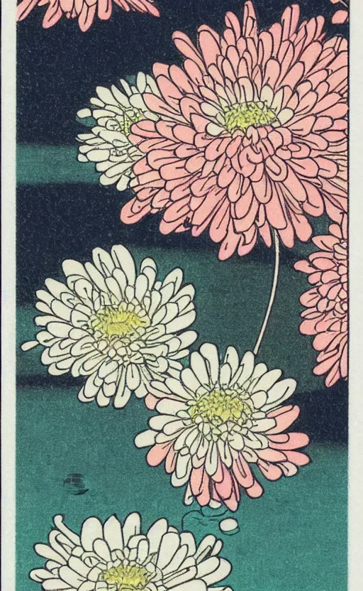 Image similar to by akio watanabe, manga art, chrysanthemum flower inside flat japanese sake cup top, trading card front