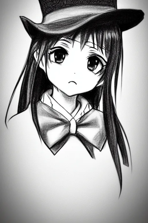 Image similar to highly detailed, cute loli in a tall black top hat, face profile, pencil sketch, gray scale, anime style