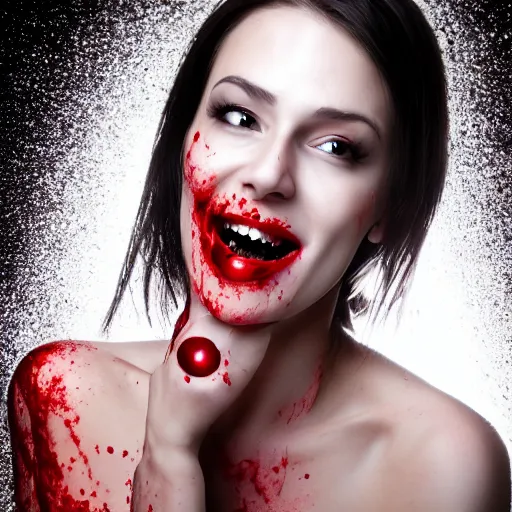 Prompt: professional headshot of an elegant female vampire smiling with droplets of blood splattered across her face. high resolution, realistic, professional lighting, nikon camera, 8 k, imdb. com