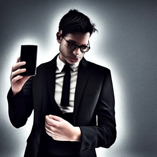 Image similar to man in a black suit, holding a very advance phone, photorealistic, realistic, dramatic, cinematic, cinematic, photography
