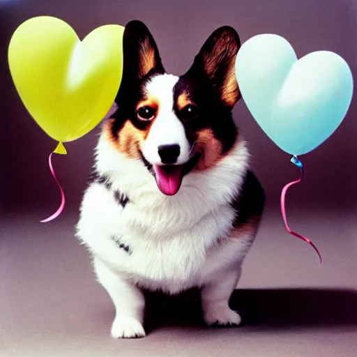 Image similar to a corgi with a heart shaped balloon, high quality, sharp focus, photo by annie leibovitz