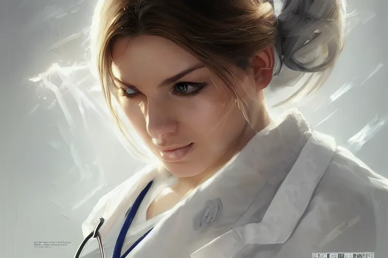 Prompt: a poster of emergency room, an elegant and beautiful female doctor in a white coat, cinematic, highly detailed, digital painting, artstation, concept art, matte, sharp focus, illustration, industrial light, art by artgerm and greg rutkowski