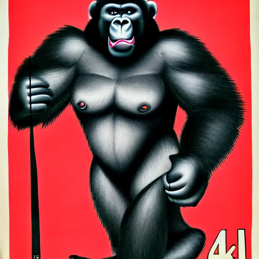 Image similar to communist propaganda poster of a gorilla, 4 k, hyper realistic, dslr, high resolution, landscape, beautiful