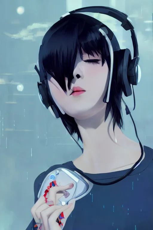 Prompt: a cute young woman listening to music with her eyes closed and wearing headphones, white bob cut hair, cyberpunk setting, e-girl, tattoos, blue and white, vivid colors, soft lighting, atmospheric, cinematic, moody, in the style of Ilya Kuvshinov and Range Murata, Krenz Cushart, oil on canvas, 8k