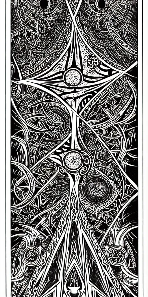 Image similar to a beautiful black and white fractal tarot card featuring bold occult imagery with clean lines. pyramids, eyeballs, lovecraft, eldritch. detailed adult coloring book